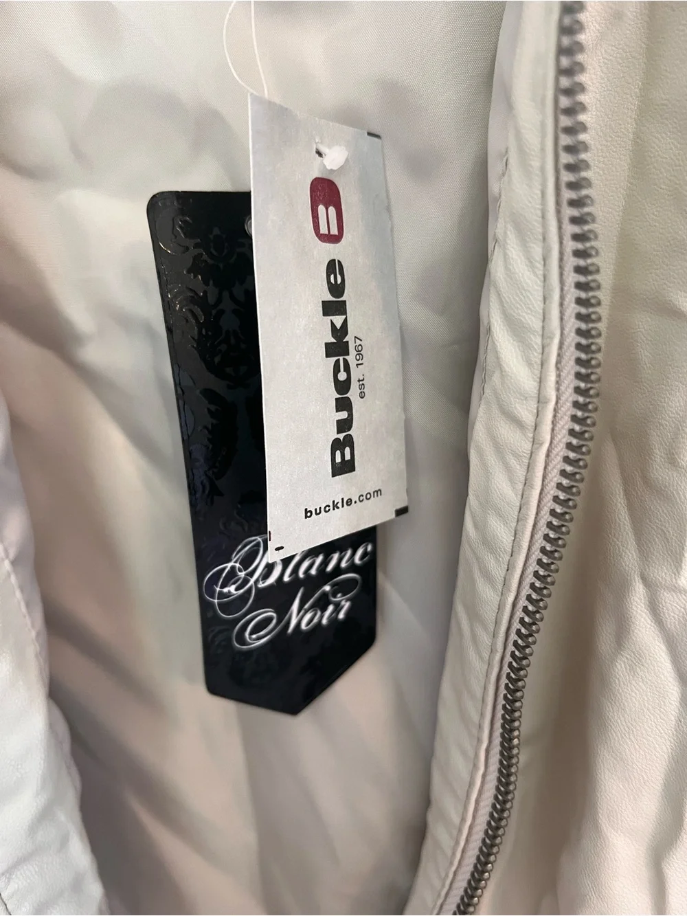 blanc noir Cream Zip-Front Leather Jacket with Vertical Stitch Panels
